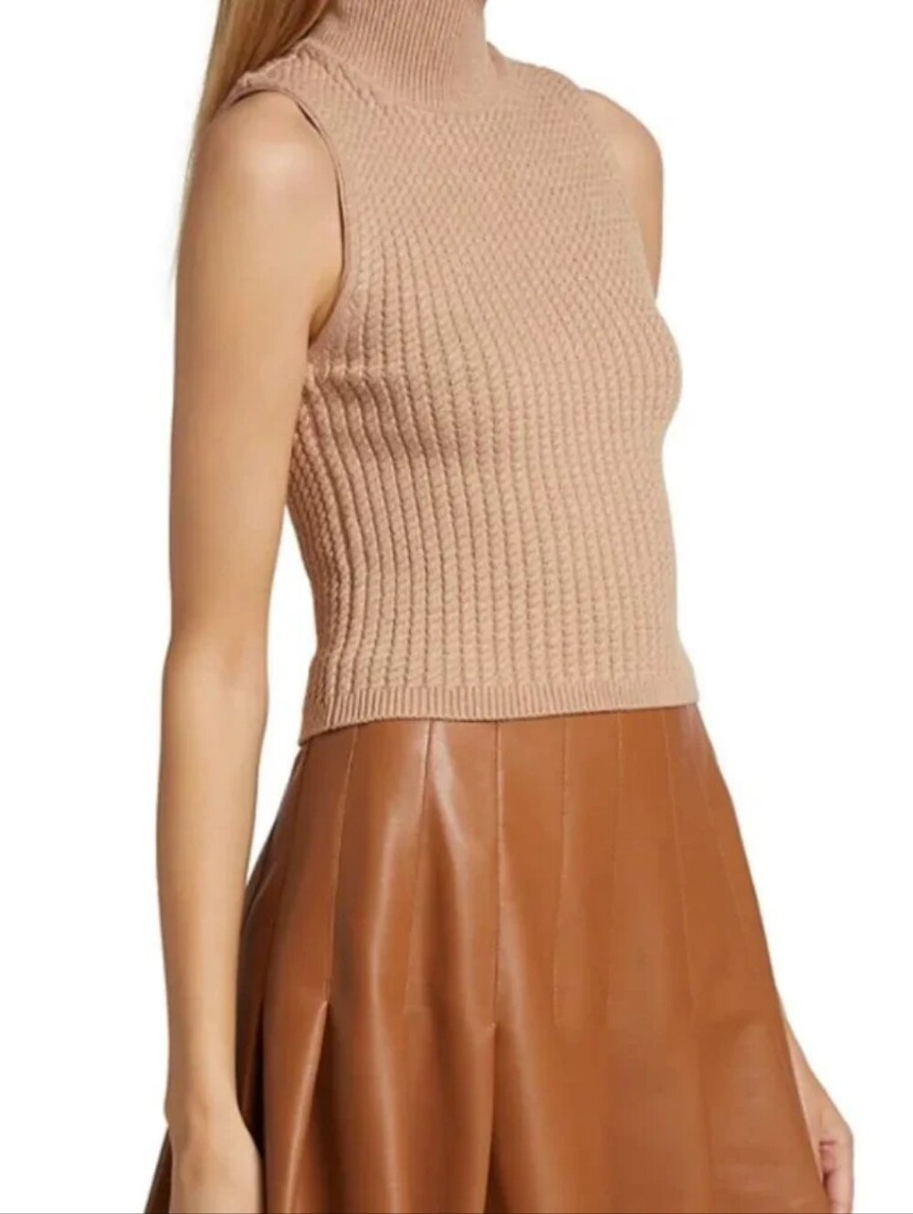 Alice + Olivia Darina Almond Tan Sleeveless Mock Turtleneck Knit Sweater Top